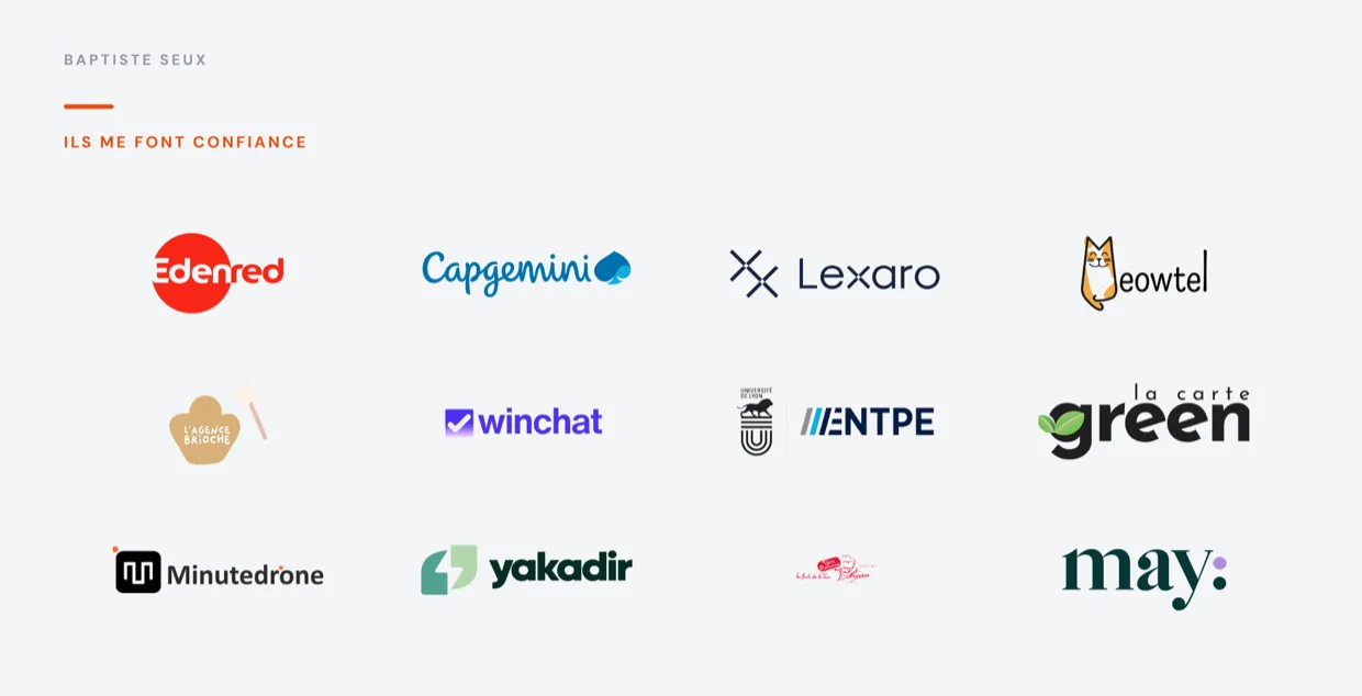 Client logo wall: Edenred, Capgemini, Lexaro, Meowtel, L’Agence Brioche, Winchat, ENTPE, La Carte Green, Minutedrone, Yakadir, Les Fruits de la Tour, May.