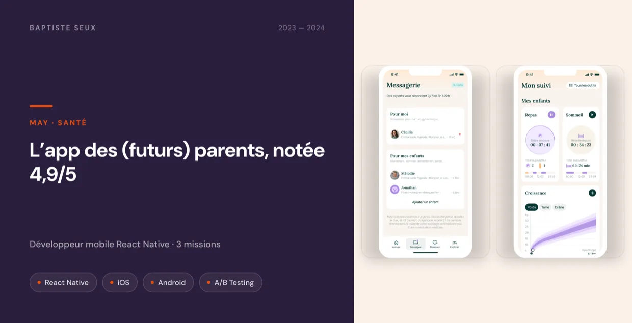 May app: the “My tracking” screen with meals, sleep and growth curve, next to the “Messages” screen with health experts.