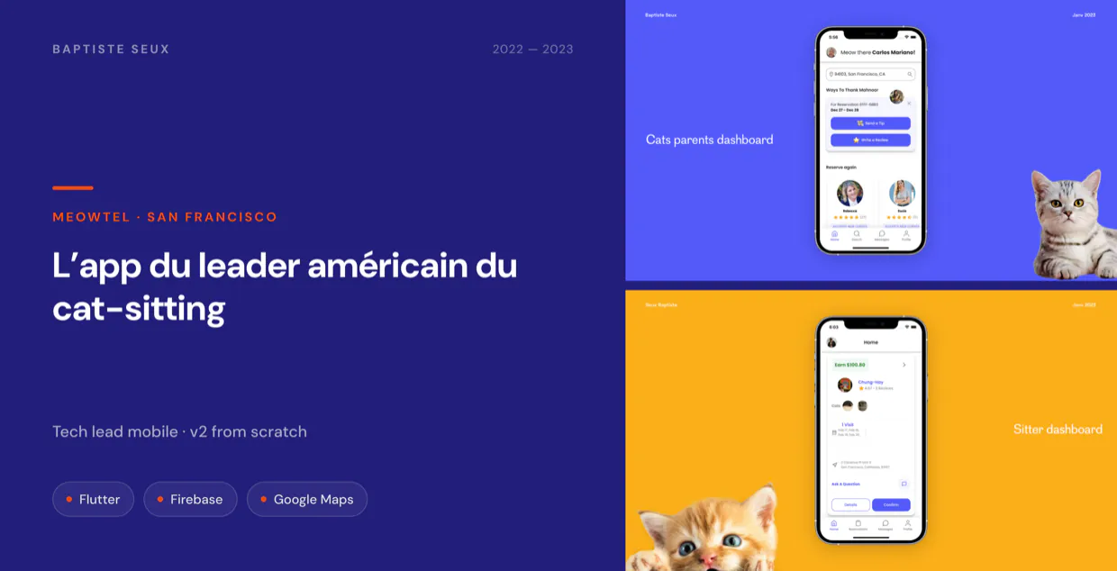 Meowtel app: the cat owners’ dashboard and the sitters’ dashboard side by side.