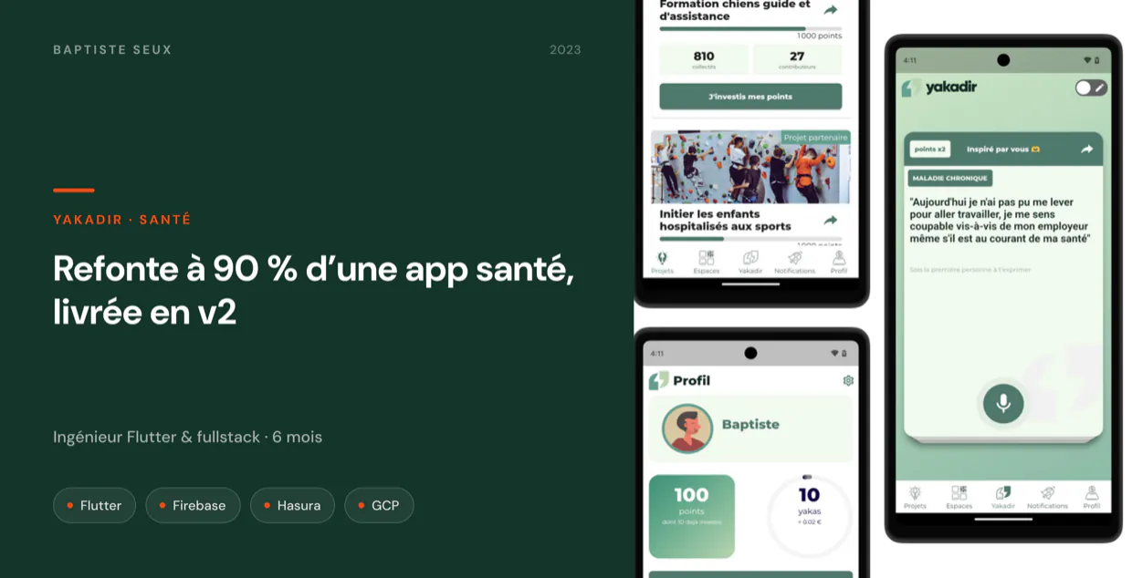 Yakadir health app: profile with points, activity feed and voice messaging.